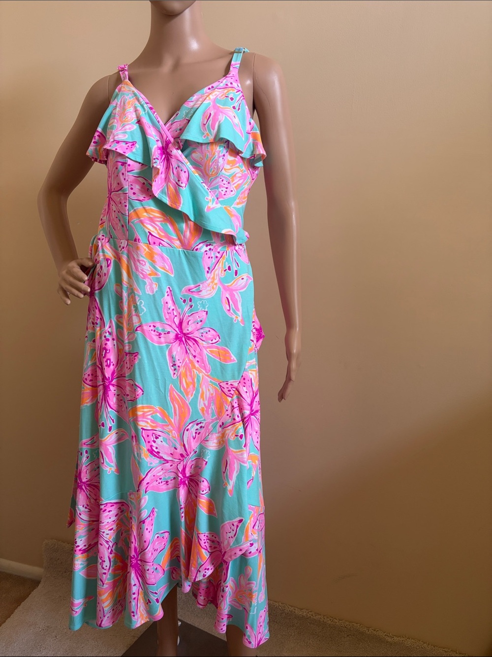 Lilly Pulitzer Aqua and Pink Floral Ruffle Midi Dress-NEW